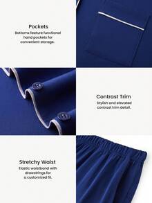 LUVLETTE Spring And Summer Soft 100% Pure Cotton Navy Blue Basic Long Button-Up Top & Pants Pajama Sets For Men Lounge Sets For Men Pants With Pockets Pyjama Cotton Pajamas - Navy Blue - View 4