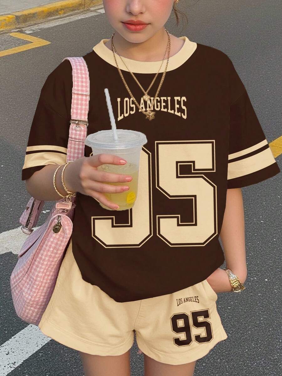 卡其色，时尚街头风针织衫，95号图案，少女休闲简约短袖圆领T恤和短裤两件套，适合夏季和秋季穿着，舒适透气，适合秋季儿童叠穿，时尚童装，休闲服饰，儿童图案服装，返校季，秋季服装，返校节，适合户外野餐、街头摄影、居家和校园穿着。 - 彩色 - 查看 1