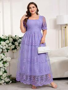 Reflora 大码女式蕾丝荷叶边优雅收腰派对连衣裙 - 紫色 - 查看 5