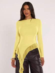 SHEIN BAE Women's Solid Color Long Sleeve Ruffle Hem Asymmetric Hem Fashionable Blouse,Summer Top - Yellow - View 8