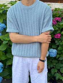 DAZY Men's Blue Round Neck Knit Short Sleeve Top, Summer - Blue - View 4