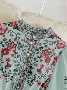 SHEIN CURVE+ Plus Size Women Floral Print Lantern Sleeve Button Design Elegant Dress - Green - View 5