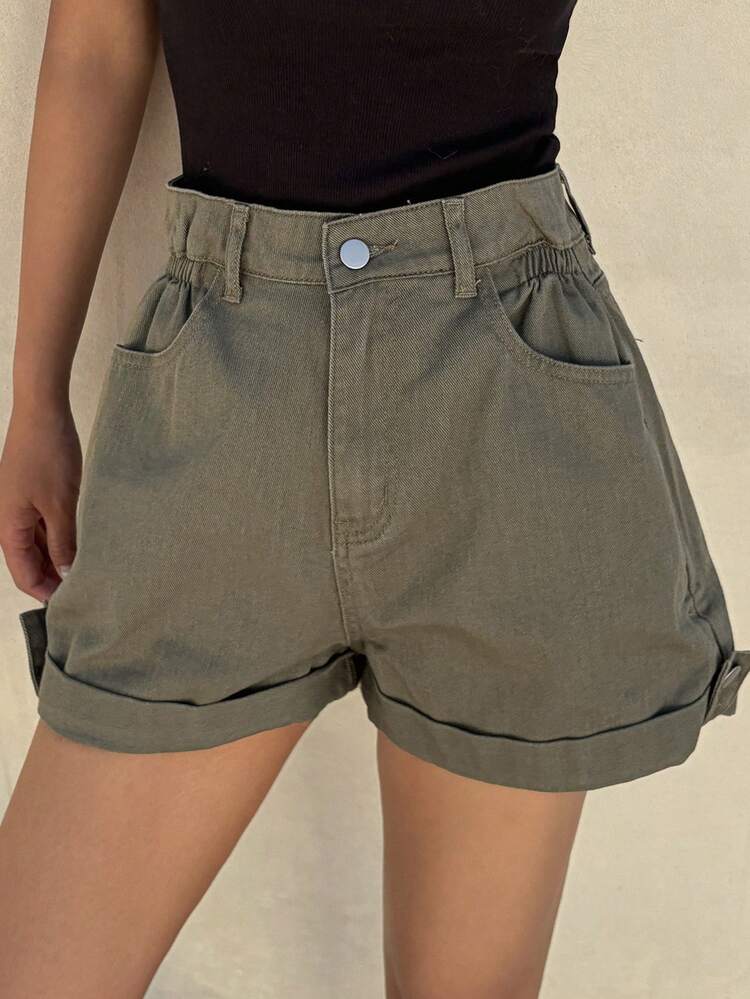 Women's High Waist Solid Color Cuffed Casual Denim Shorts, Summer Jorts