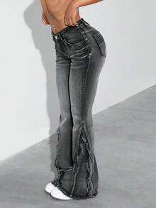 SHEIN ICON Quần jean ống loe đã giặt viền sờn - Xám - Xem 7