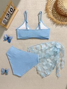 SHEIN 女孩可爱三件套泳衣，带披肩/荷叶边/时尚休闲优雅女士设计，适合游泳、夏季度假、海滩、泳池、节日派对 - 藍色 - 查看 2