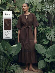 Maija Chocolate Brown Dress With Bell Sleeves, Lace Patchwork A-Line Silhouette, Casual Vacation Beach Wear Graduation Spring Summer Beach Outfits - Brown - View 3