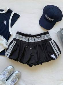 Comfortcana Quần short nữ kiểu dáng phồng, phối ren, buộc dây, thời trang xuân/hè 2026, màu đen, thích hợp mặc đi biển, phong cách nghỉ mát, hơi hướng Y2K. - màu đen - Xem 9