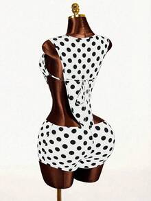 Mistrie Bộ jumpsuit chấm bi gợi cảm khoét eo dành cho nữ, jumpsuit chấm bi, đồ bơi chấm bi, jumpsuit nữ, bộ đồ liền thân nữ. - trắng - Xem 2