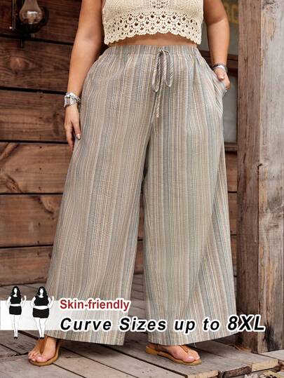 SHEIN CURVE+ Plus Size Women Summer Casual Beach Outfits, Fashion Business Commute Elegant Wide-Leg Pants With Pockets, Lotus Pink,Summer Pantssummer/Country/Beach Vacation Outfits/Beach Outfits/Beach Wear