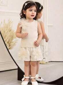 SHEIN Baby Girl Summer Ladylike Applique Vest And Shorts Set - Beige - View 4