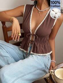 SHEIN Frenchy Women's Summer Vacation Casual 100% Cotton Brown Contrast Lace Trim Double Tie Front Deep V Neck Sleeveless Peplum Top Boho Vacation Deep V-Neck Contrast Trim Knotted Casual Sleeveless Blouse,Brown Top  ,Elegant Women's Blouses Brown Blouse Embroidered Blouse Summer Tops,Summer, Valentine's Day, Carnival, Party ,Wedding ,Birthday, Elegant ,Vacation, Casual ,Summer Tops ,Fasching Women Costume - Brown - View 2