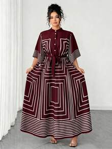 Elenzga Đầm dài tay cổ đứng dáng chữ A, họa tiết kẻ sọc đen trắng, tay lửng, kiểu dáng thanh lịch, thích hợp cho mùa xuân/hè, màu đen, dành cho người có vóc dáng đầy đặn. - Màu Đỏ Sâu - Xem 1