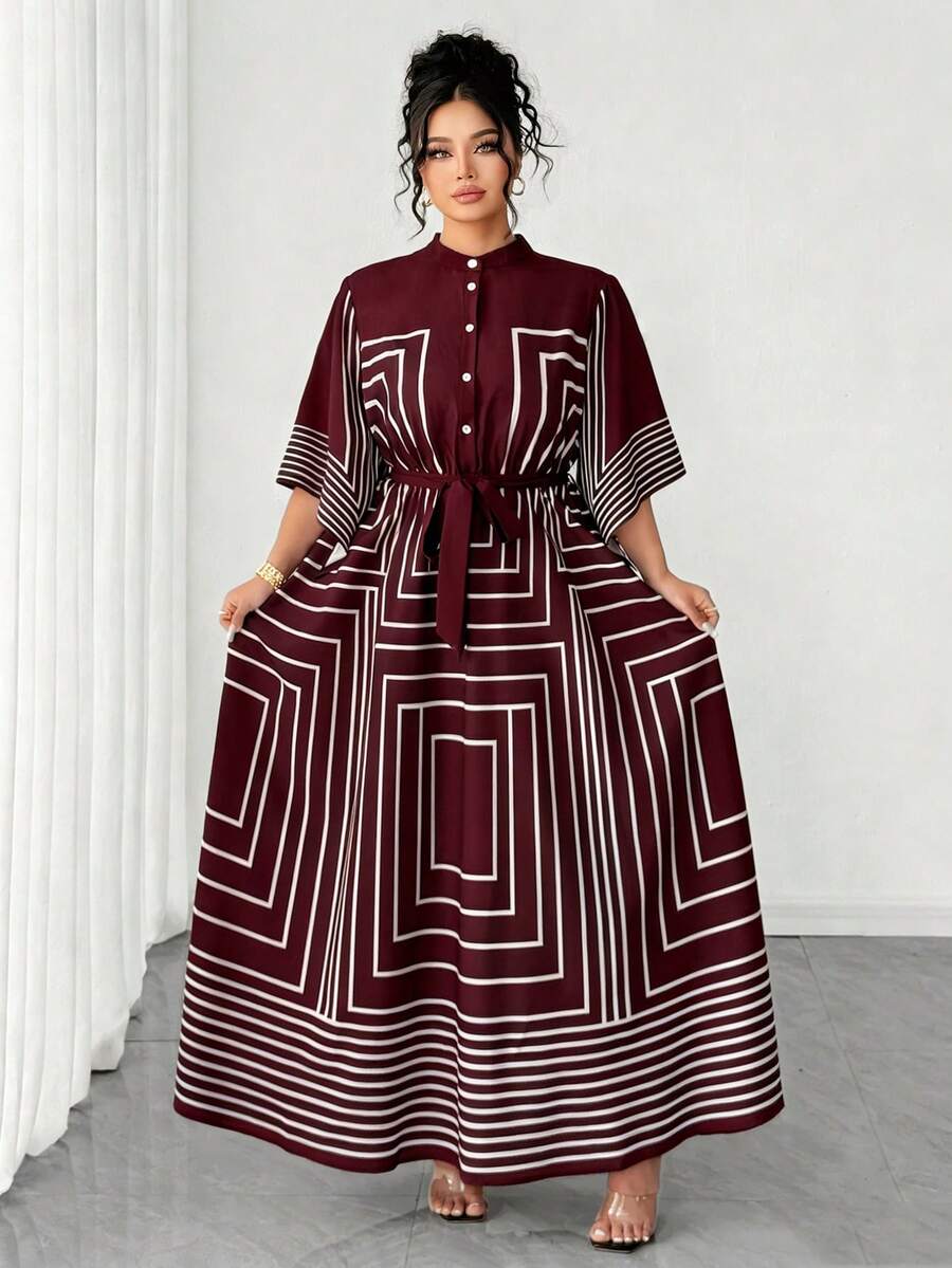 Elenzga Đầm dài tay cổ đứng dáng chữ A, họa tiết kẻ sọc đen trắng, tay lửng, kiểu dáng thanh lịch, thích hợp cho mùa xuân/hè, màu đen, dành cho người có vóc dáng đầy đặn. - Màu Đỏ Sâu - Xem 1