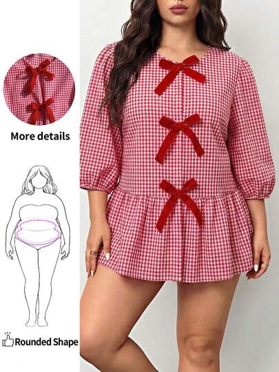 Enliva Plus Size Women's Summer Casual Plaid Printed Puff Sleeve Bowknot Peplum Top