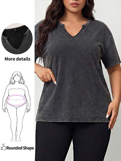 Enliva Plus Size Black Distressed Acid Wash Loose Fit Short Sleeve V-Neck T-Shirt, Cotton, Spring/Summer