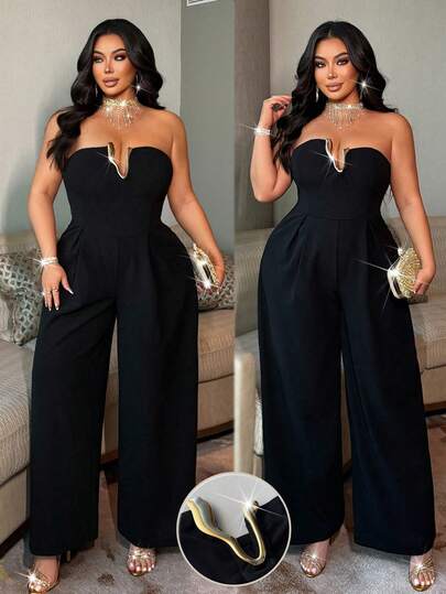 NU&NOW Plus Size Women's Elegant Solid Color Knit High Elasticity Strapless Design Cold-Shoulder 3D Metal Decor Button Waist Cinching Side Invisible Zipper Wide Leg Pants, New Fashion Versatile Outfit For Concerts, Parties, Romantic Dates, Fashion Jumpsuit