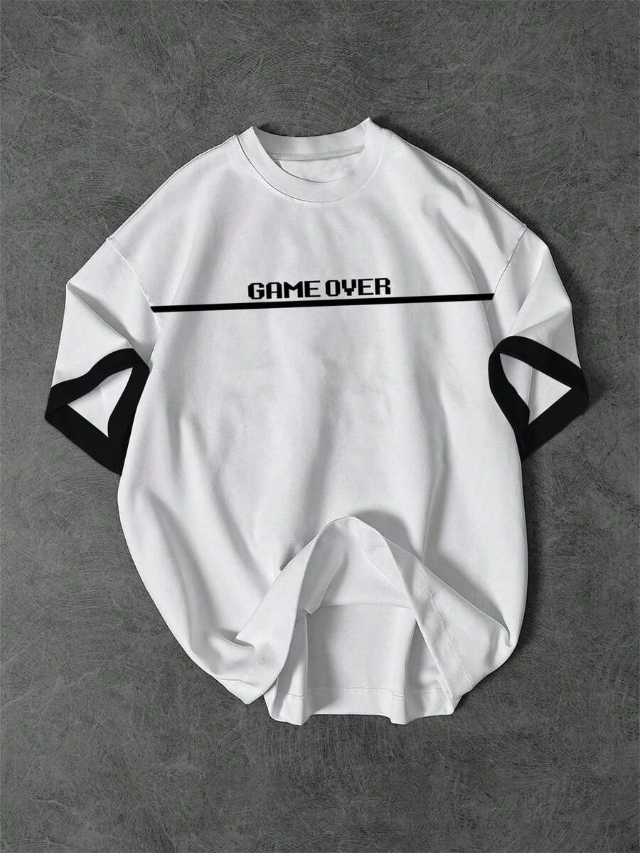Manfinity EMRG 男士 GAME OVER 解构短袖 T 恤，美式街头风宽松圆领 T 恤 - 彩色 - 查看 1