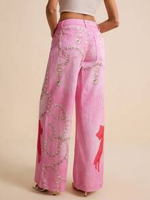 LOTSLUV Women's Pink Diamond Necklace & Butterfly Print Denim Pants, Spring/Summer - Pink - View 2