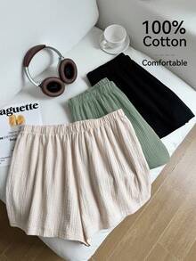 Comfortcana 3pcs/Set Plus Size Solid Color Linen Comfortable Casual Shorts, Suitable For Spring And Summer - Multicolor - View 3