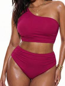 Swim Basics Bikini mùa hè hở lưng cổ bất đối xứng cỡ lớn và quần short bó xếp ly - Hồng - Xem 3