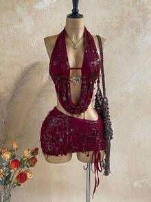 Soleia 两件套新款休闲系带金属扣针织上衣+百褶裙，适合下午茶、海滩、音乐节等场合。 - 酒紅色 - 查看 3