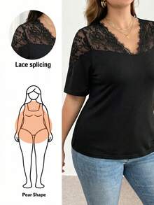 Feyla Plus Size Solid Color Lace Patchwork V-Neck Short Sleeve T-Shirt - Black - View 3