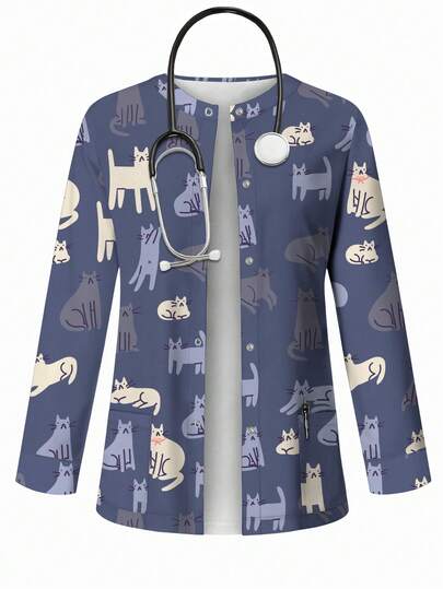 PopScrub Minimalist Cat Line Art Print Scrub Jacket, Fashion Cardigan Design With Hanging Ear Decor For Women, Uniform Top, Spring/Summer