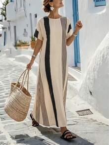 SHEIN Holidaya Women's Casual Comfortable Vacation Linen Textured Striped Floral Print Short Sleeve Maxi Loose Dress, Spring/Summer - Multicolor - View 3