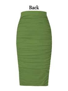INAWLY Women's Olive Green Solid Color Ruched Bodycon Mini Skirt - Olive Green - View 2