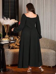Modelyn Plus Size Women Long Sleeve Fitted Flowing Sparkling Rhinestone Off-Shoulder Flowing Chiffon Skirt 2-Piece Set - Black - View 2
