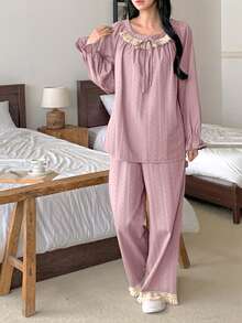 DAZY 2pcs Sweet Polka Dot Textured Fabric Contrast Ruffle Trim Petal Sleeve Women Pajama Set, Spring - Pink - View 4