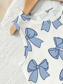 SHEIN Tween Girls Blue Bow Tie Digital Print Sleeveless 2-Piece Set, Suitable For Summer Daily Wear, Outings, Travel, Vacation And Parties, Vacation Outfit - Multicolor - View 4
