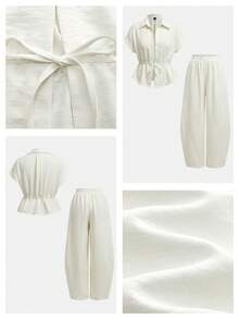 Maija 2pcs White Women's Cinched Waist Ruched Tie-Up Vacation Set, Spring/Summer Beach Outfit Wedding Holiday Outfits - White - View 2