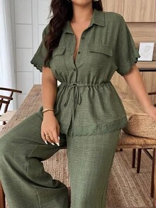 Weeklong Plus Size Women's French Style Casual Ruffle Waist Tie Suit, Leisure Daily Outfit, Spring/Summer - Army Green - View 3