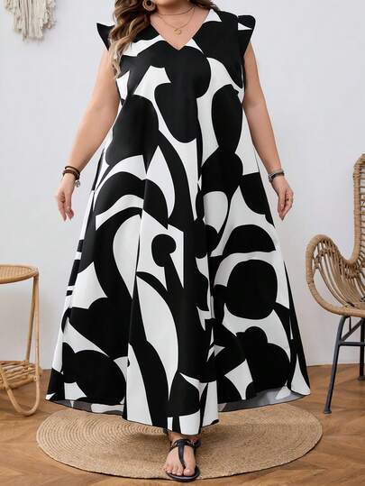 SHEIN CURVE+ Random Floral Print Plus Size V-Neck Short Sleeve Casual Dress, Summer Holiday