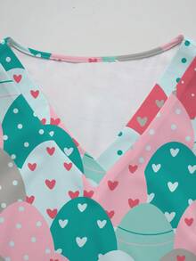 PopScrub Heart & Stripe Design Allover Print Scrub Top For Women, V-Neck Short Sleeve Uniform, Nursing Clothes Suitable For Easter & Daily Wear, Spring/Summer - Multicolor - View 4