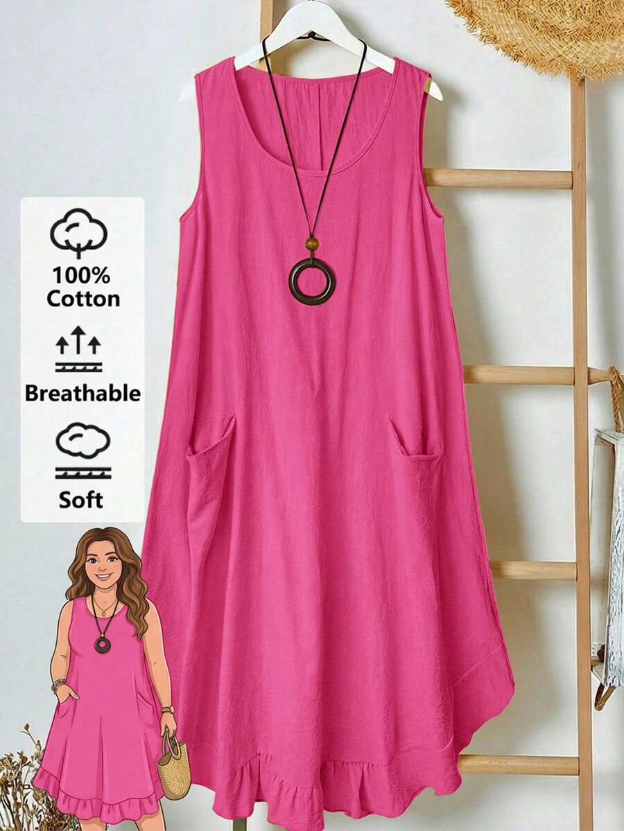 EMERY ROSE Country Style Vintage Sleeveless Pocket Pleated Hem A-Line Midi Dress, Yellow, Plus Size, Spring/Summer - Hot Pink - View 1