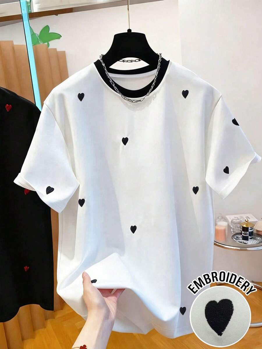 Resyla Women's Graphic Tee, Summer New Arrival, Black & White Contrast Color, Heart Print Design, Outdoor/Indoor, Date, Photography Street Style, Back To School, Teacher's Day, Women's Short Sleeve T-Shirt - Multicolor - View 1