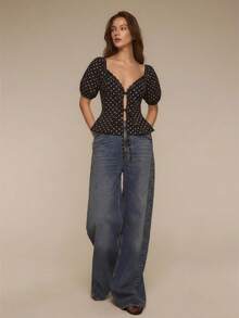 ATUI Studio Women's Elegant Sexy Polka Dot Print Tie Front Blouse, Summer - Black - View 2