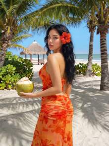 Sweetina 花卉网纱印花半身裙，度假风 - 橘色 - 查看 2