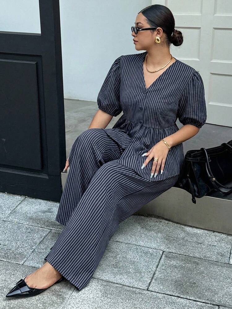 Dazy Plus 2pcs/Set Striped V-Neck Loose Lantern Sleeve Pullover Top And Relaxed Long Pants, Plus Size Women Spring/Autumn Outfit Summer