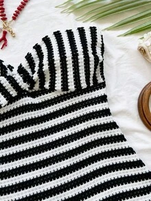 Soleia 女士优雅条纹连衣裙，休闲百搭，适合度假、派对、约会、冬季穿着 - 藏蓝色 - 查看 4