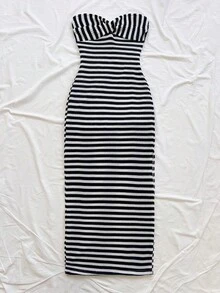 Soleia 女士优雅条纹连衣裙，休闲百搭，适合度假、派对、约会、冬季穿着 - 藏蓝色 - 查看 7