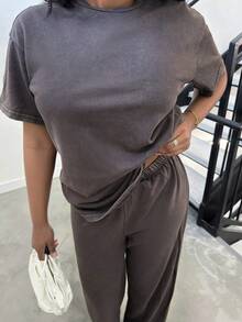 Alexandranx Autumn/Winter Casual Homewear Set: Crew Neck Short Sleeve Top And Straight Leg Distressed Loose Pants - Brown - View 6