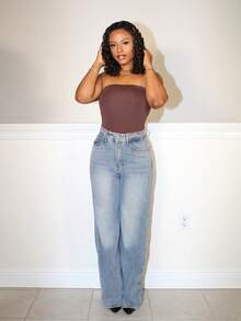 Steph T Pantalones vaqueros para mujer de pierna ancha y ajuste holgado con bolsillos para uso diario - Azul lavado oscuro - Ver 1
