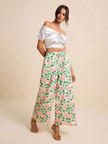 LOTSLUV Women's Elegant Romantic Yellow Rose Floral Print Straight Leg Pants With Embroidered Ruffle Hem, Spring/Summer - Yellow - View 3