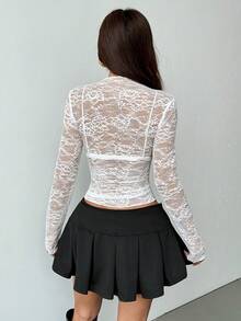 EgrlEra Áo kiểu ren co giãn họa tiết hoa mẫu đơn xuyên thấu gợi cảm dành cho nữ (Cắt ngẫu nhiên) - trắng - Xem 2