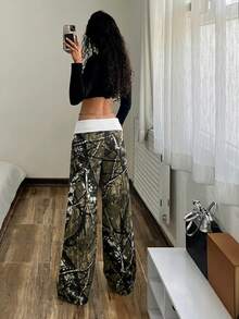StreetHx Quần jeans nữ phong cách đường phố in hình cành cây, cạp quần phối màu tương phản - Nhiều màu - Xem 2