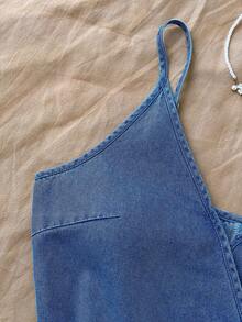 Vestido de mezclilla con tirantes y decoración de lazo para uso casual y citas - Azul lavado medio - Ver 5