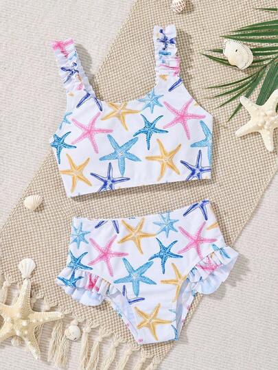 SHEIN Young Girls Cute Printed Beach Vacation Swimwear Set Starfish Bathing Suit Toddler Girl Two Piece Swimsuit Starfish Print Swimwear Kid Two Piece Bathing Suit Young Girls Tankinis 2pcs/Set Cute Colorful Star Pattern Floral Trim Knit Fabric Sleeveless Swimwear Set, Fashionable Casual Elegant Suitable For Swimming, Summer Vacation, Beach, Pool, Holiday Party Kids Bathing Suits 2 Piece Little Girls Two Piece Swimsuit Swimsuits Two Pieces With Ruffles 2 Piece Bathing Suit For Girls Tankini Kids Two Piece Beachwear